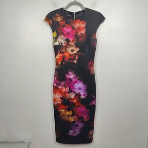 Ted Baker Catina Midi Dress Womens 1 XS Black Floral Cap‎ Sleeve Bodycon Preppy
